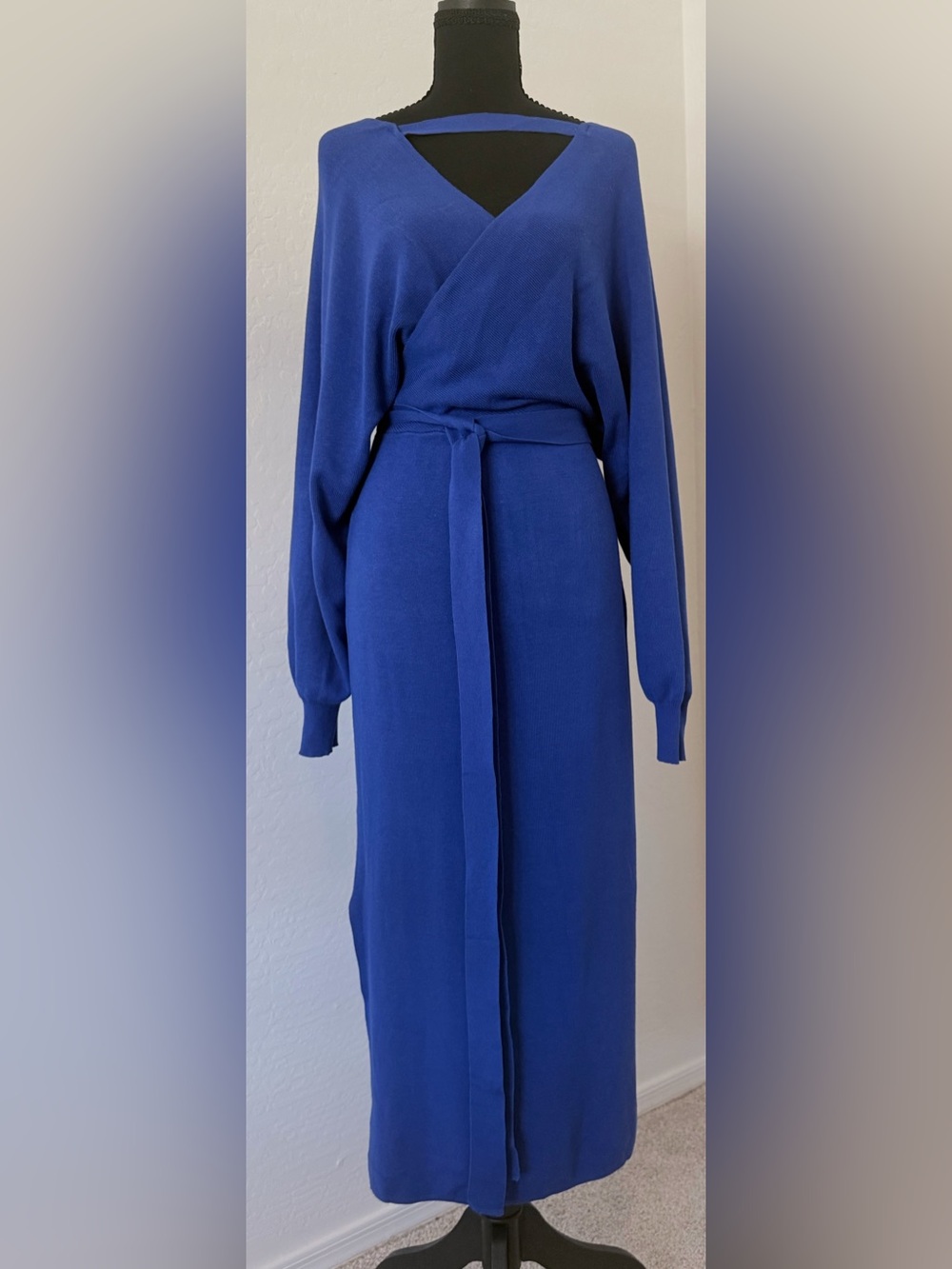 Royal Blue Off Shoulder Sweater Dress Large Belted Knit Midi Dress Side Slits